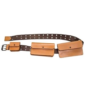 Free People Ruby Utility Belt Bag Brown Canvas Leather Multi Pocket S/M